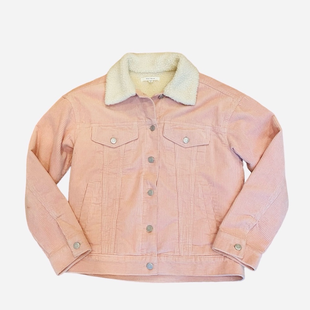 PacSun Pink Corduroy Sherpa Lined Trucker Jacket Faux Fur Oversized XS S - Picture 2 of 8